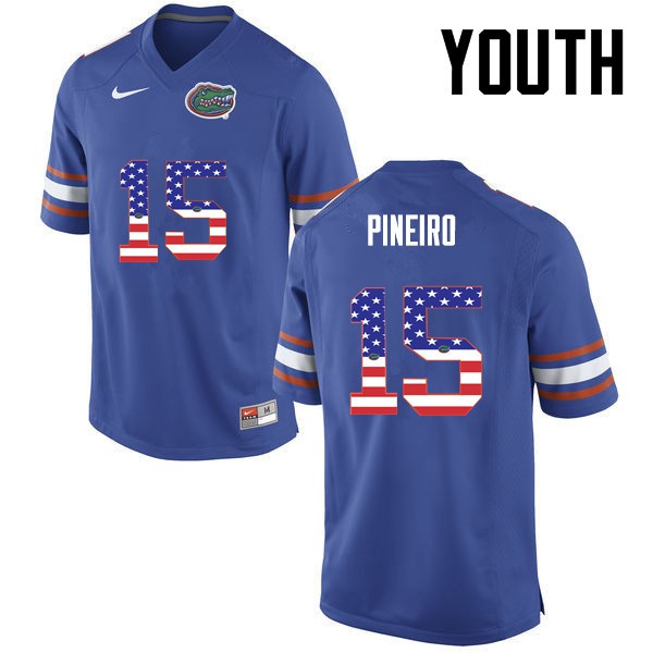 Florida Gators Youth #15 Eddy Pineiro College Football Jersey USA Flag Fashion Blue